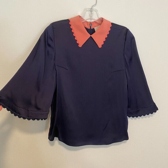 ROKSANDA Navy Searsucker Silk Peter Pan Collar Blouse Size 8 - Picture 3 of 12